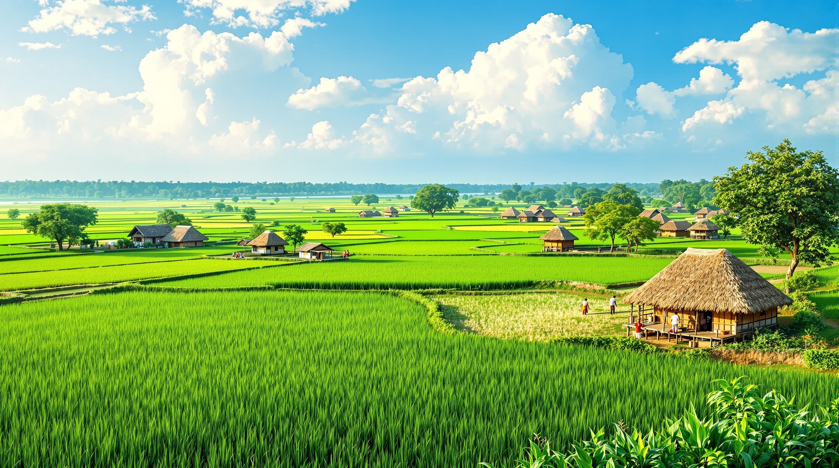 Beautiful Bihar countryside with green paddy fields and traditional villages