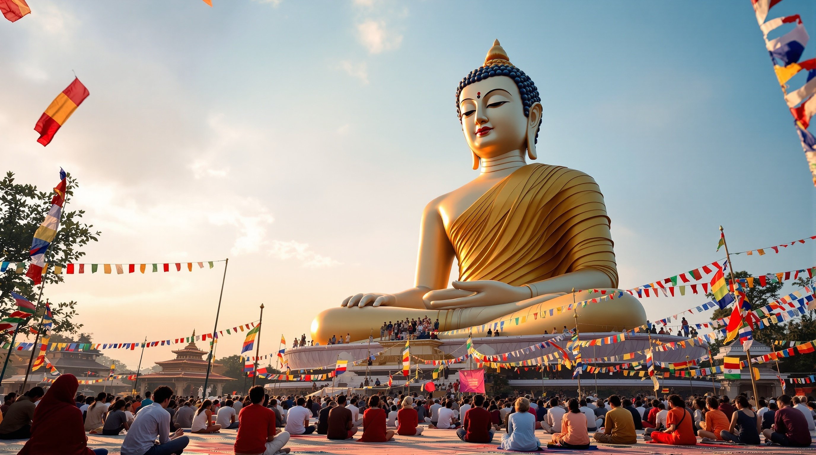 Giant Buddha statue at Bodh Gaya surrounded by colorful prayer flags
