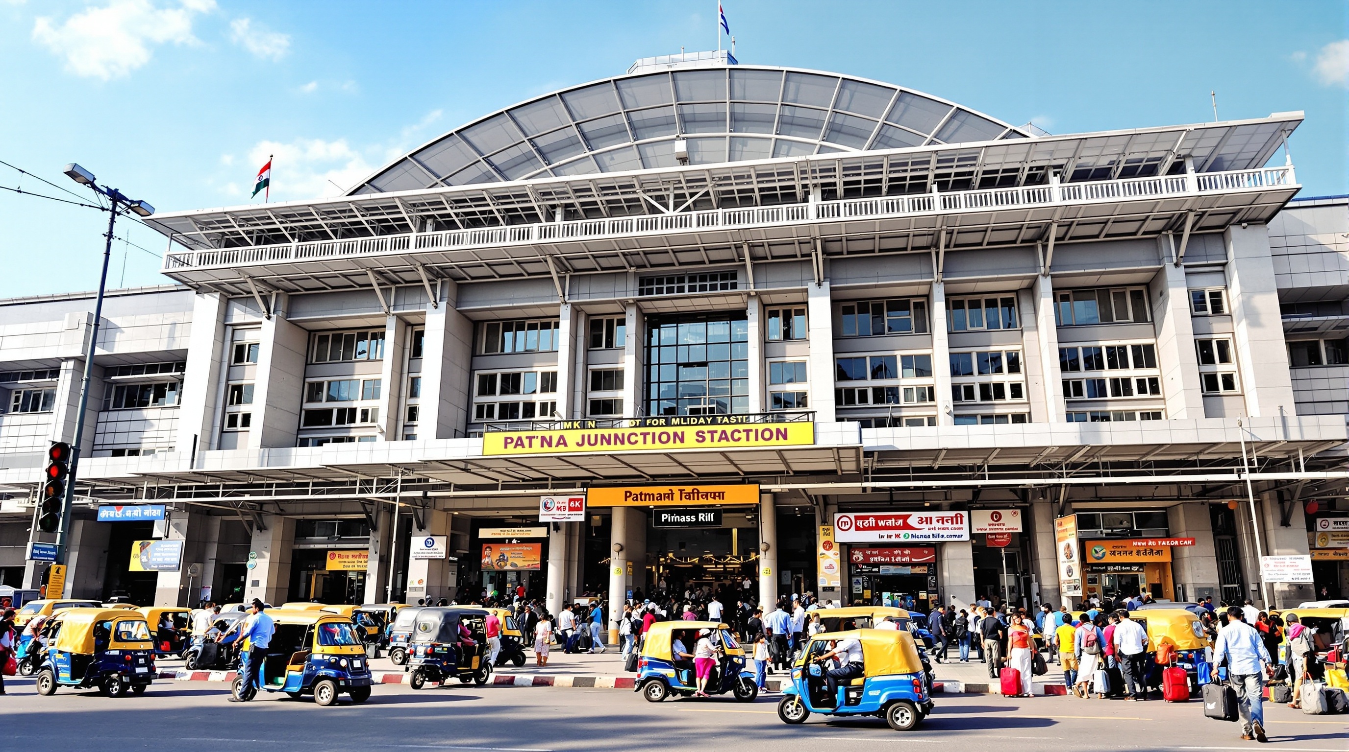 Patna Junction railway station with travelers and transportation