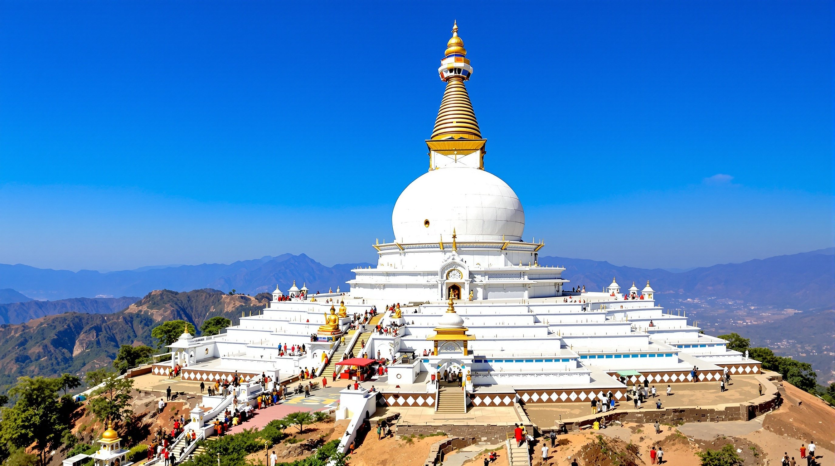 Vishwa Shanti Stupa (World Peace Pagoda) on hilltop in Rajgir
